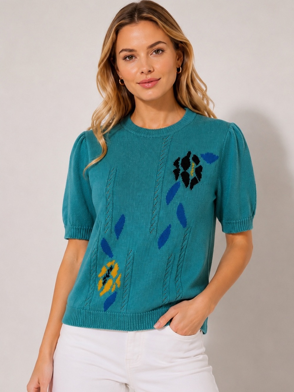 Vintage Freya Strickmoden Teal Knit Short Sleeve Sweater Germany Size 40 M Retro